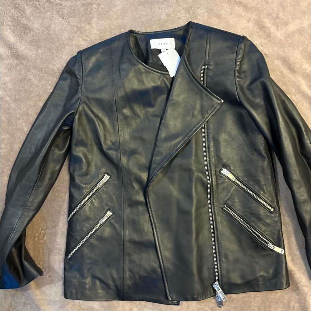 Reiss Black Leather Jacket with Zipper Details